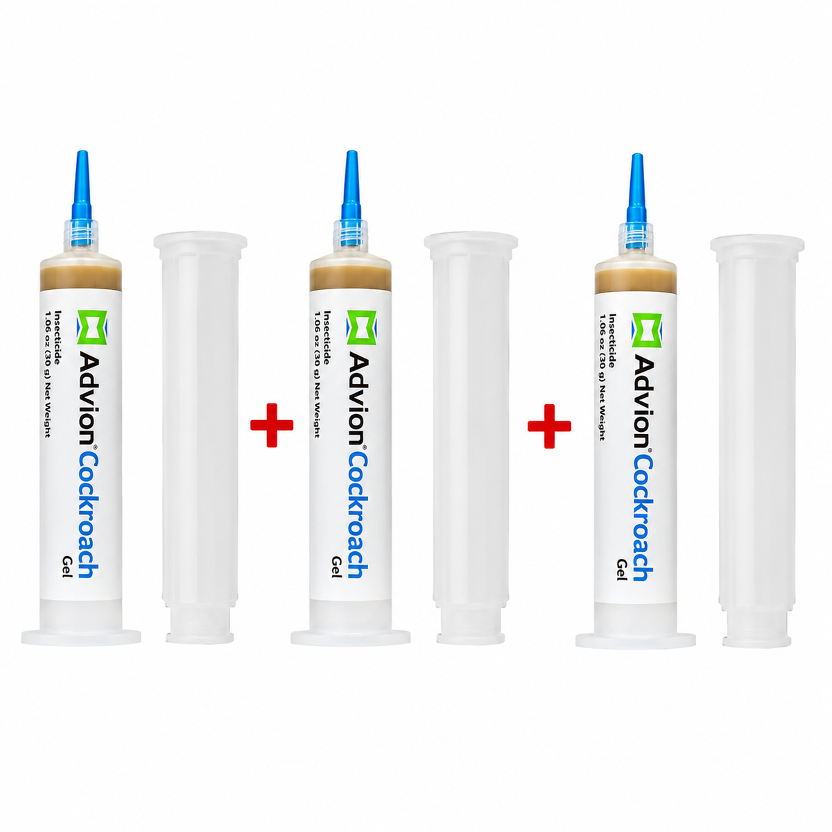 Six Adviion Coccloid Gel syringe tubes arranged on a white background, with two red plus signs between groups of three. The center two tubes contain gel, while the surrounding tubes are empty.